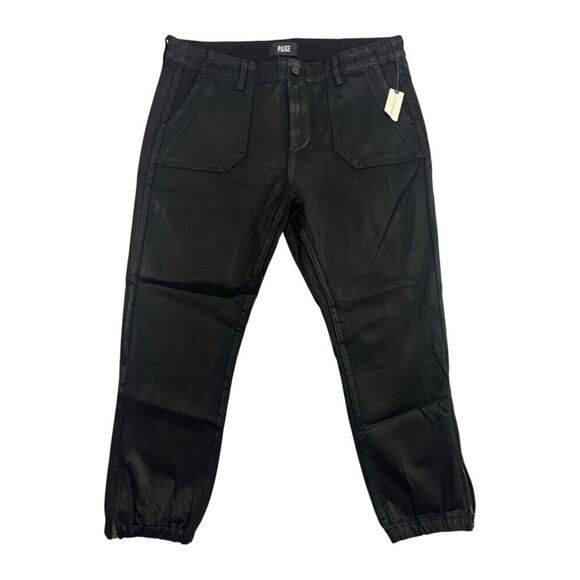 Paige Mayslie Joggers Womens Size 33 Black Fog Luxe Coated Pants MSRP $249